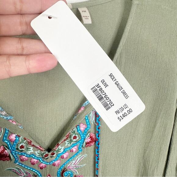 NEW Soft Surroundings PM 10-12 Sicily Guaze Boho Embroidered Maxi Dress in Olive - Picture 6 of 10